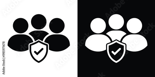 Group of people icons with a central security shield and checkmark. Represents human resources security, insurance, team protection, verified users, and safe social communities.