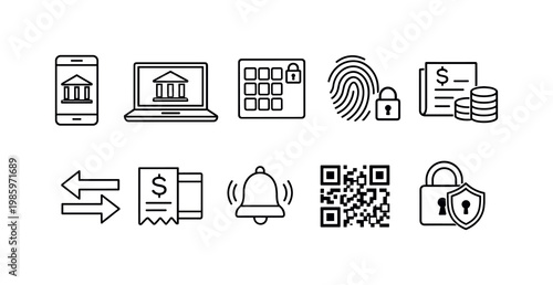 Collection of financial and security icons for digital banking and transactions