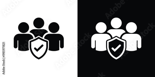 Group of people icons with a central security shield and checkmark. Represents human resources security, insurance, team protection, verified users, and safe social communities.