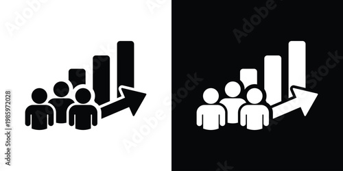 Bar graph showing upward growth trends alongside a group of people. Perfect for HR metrics, talent development, population statistics, and business performance analytics.