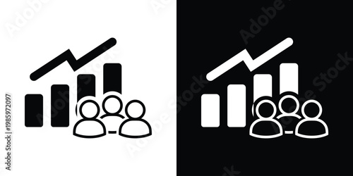 Bar graph showing upward growth trends alongside a group of people. Perfect for HR metrics, talent development, population statistics, and business performance analytics.