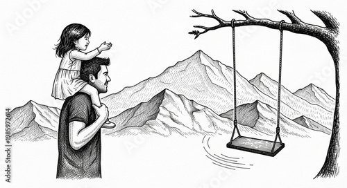 Father Carrying Child On Shoulders Looking Ahead.