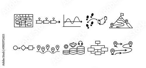 Collection of business process and workflow icons representing planning, progress, and goals