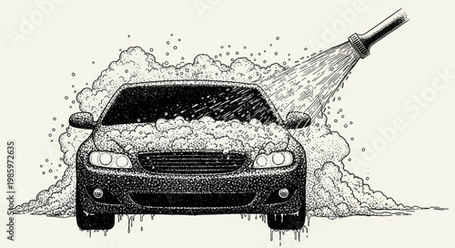 Front View Sedan Under High Pressure Car Wash.