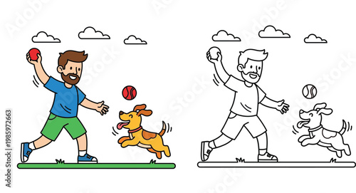 Man Playing Fetch with Dog Cartoon Illustration - Color and Line Art Set for Coloring Book and Kids Activity