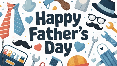 Happy Fathers Day Pattern Background with Men's Accessories Icons Tie Hat Glasses Tools Celebration Design