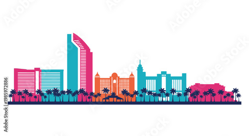 Dubai City Skyline Silhouette Vector Illustration, Modern Urban Architecture Design with Palm Trees and Colorful Buildings for Travel and Tourism Branding Projects