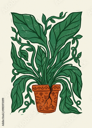A powerful, textured illustration in a neo-naive, linocut style showing a vigorous green plant bursting out of itscontainer