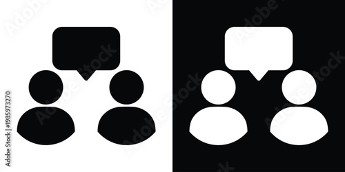 Minimalist icon featuring two human silhouettes with a shared speech bubble. Ideal for symbolizing dialogue, customer support, feedback, consultation, and collaborative communication concepts.
