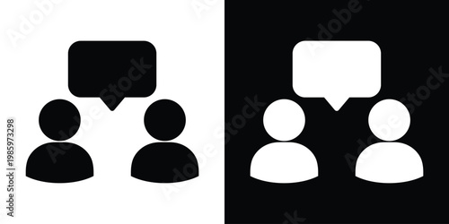 Minimalist icon featuring two human silhouettes with a shared speech bubble. Ideal for symbolizing dialogue, customer support, feedback, consultation, and collaborative communication concepts.
