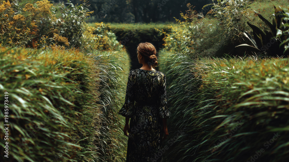 Naklejka premium Person walks in a garden maze during the day with light green bushes and gray walls under a dark sky