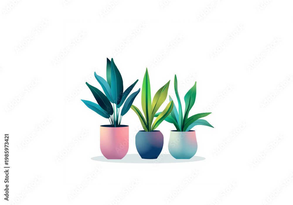 Fototapeta premium Simple indoor plants arranged in small pots with a clean modern aesthetic.