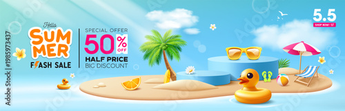Summer sale blue podium display, Duck yellow shaped inflatable ring, coconut trees, beach umbrella on island beach banner design, cloud and sky on blue background