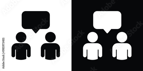 Minimalist icon featuring two human silhouettes with a shared speech bubble. Ideal for symbolizing dialogue, customer support, feedback, consultation, and collaborative communication concepts.