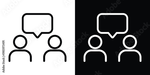 Minimalist icon featuring two human silhouettes with a shared speech bubble. Ideal for symbolizing dialogue, customer support, feedback, consultation, and collaborative communication concepts.