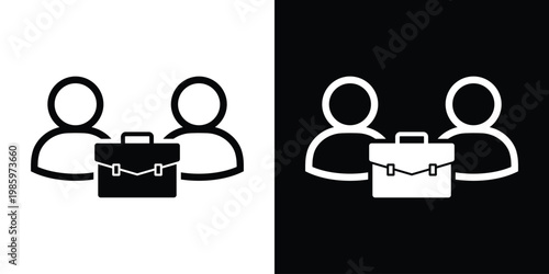 Silhouette icon of two professionals separated by a briefcase. Perfect for representing corporate business deals, employment, job interviews, hiring, and formal partnership agreements.
