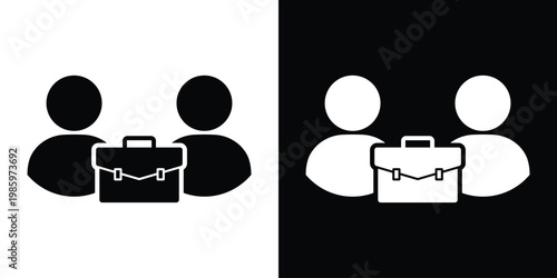 Silhouette icon of two professionals separated by a briefcase. Perfect for representing corporate business deals, employment, job interviews, hiring, and formal partnership agreements.