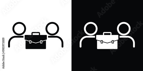 Silhouette icon of two professionals separated by a briefcase. Perfect for representing corporate business deals, employment, job interviews, hiring, and formal partnership agreements.