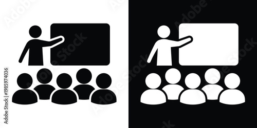 Vector icon of a presenter at a board with a small audience. Symbols of education, corporate training, seminars, and workshops. Features clean silhouettes for teaching and learning contexts.