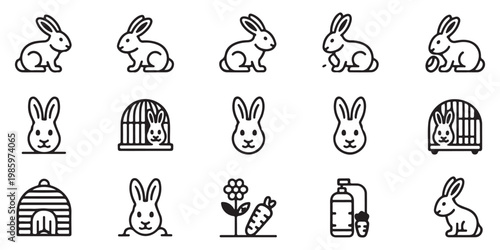Minimalist Thin Line Rabbit and Pet Accessory Icons