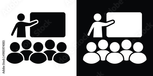 Vector icon of a presenter at a board with a small audience. Symbols of education, corporate training, seminars, and workshops. Features clean silhouettes for teaching and learning contexts.