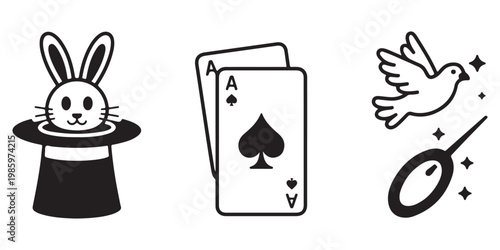 Magician Equipment Vector Icons with Rabbit in Hat Playing Cards and Magic Wand
