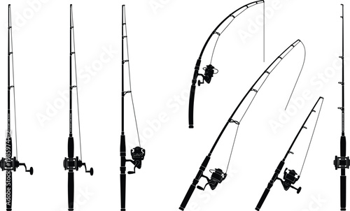 Fishing rod silhouettes set with spinning reels, different angles and bending motion, angling equipment, sport fishing gear, vector illustration collection