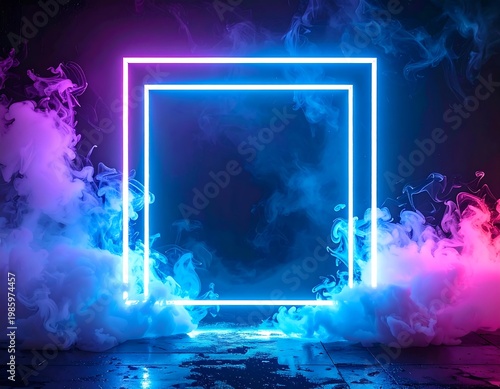 Glowing Neon Frame Surrounded by Colorful Smoke