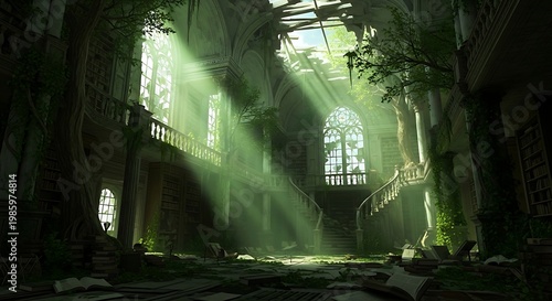 Sunlit Abandoned Hall Overgrown with Plants and Mystical Light Rays.