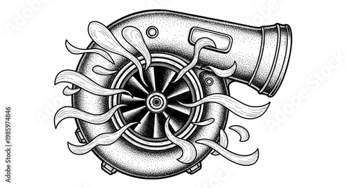 Detailed Vintage Turbocharger Mechanical Compressor Illustration.
