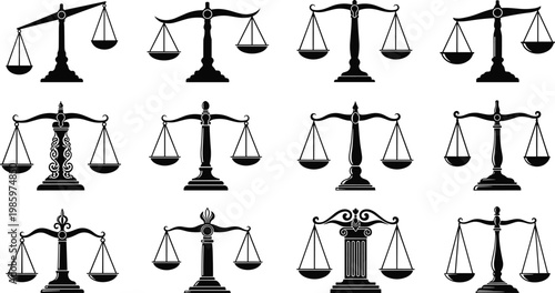 Justice scale silhouettes collection symbolizing law balance, legal system, fairness concept, court authority, judiciary emblem, vintage design, vector illustration set
