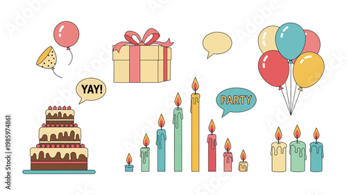 Festive Elements for Celebration: A cheerful compilation of birthday cake, candles, balloons, gift, and speech bubble with various expression. perfect for festive occasions.