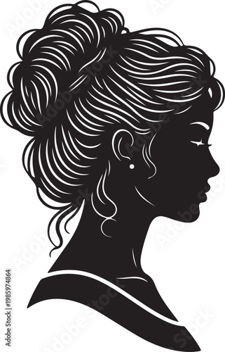 Elegant black silhouette of a woman's head in 1800s style profile, featuring a voluminous updo hairstyle and a delicate earring.