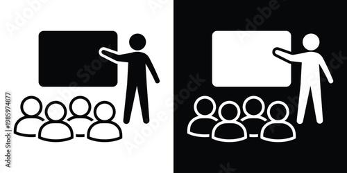 Vector icon of a presenter at a board with a small audience. Symbols of education, corporate training, seminars, and workshops. Features clean silhouettes for teaching and learning contexts.