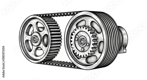 Detailed mechanical gear and belt drive assembly illustration.