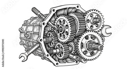Detailed Mechanical Gearbox Transmission With Exposed Gears.