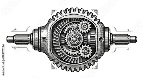 Detailed Mechanical Differential Gear Assembly with Exposed Gears.