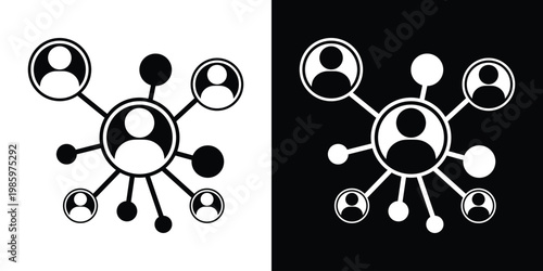 Professional flat icon of a central person connected to a network of diverse individuals. Represents global networking, social media structures, and community management in a clean design.