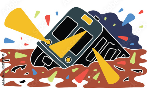 A cartoon ambulance lying on its side in a puddle of brown liquid with colorful splashes and warning lights on isolated white background