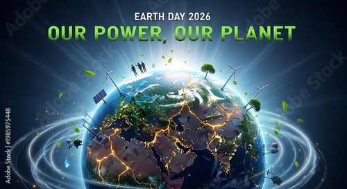 Earth Day 2026 Poster Featuring a Glowing Planet Earth with Golden Energy Fractures, Wind Turbines, and Solar Panels for Global Renewable Energy and Environmental Sustainability