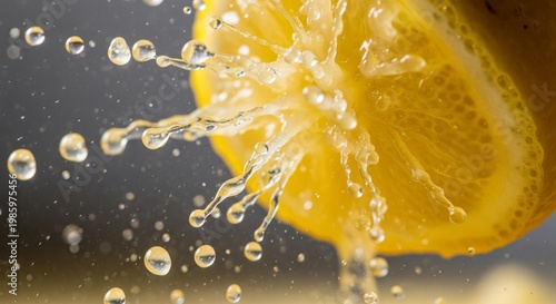 A macro shot of a lemon being squeezed, with bright yellow juice droplets flying outwards against a dark, neutral background.