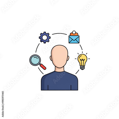 Bald man with creative thinking symbols.