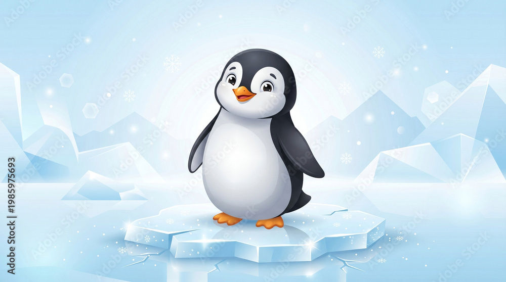 Fototapeta premium Friendly Penguin Standing on Ice Minimal Background Science Education
