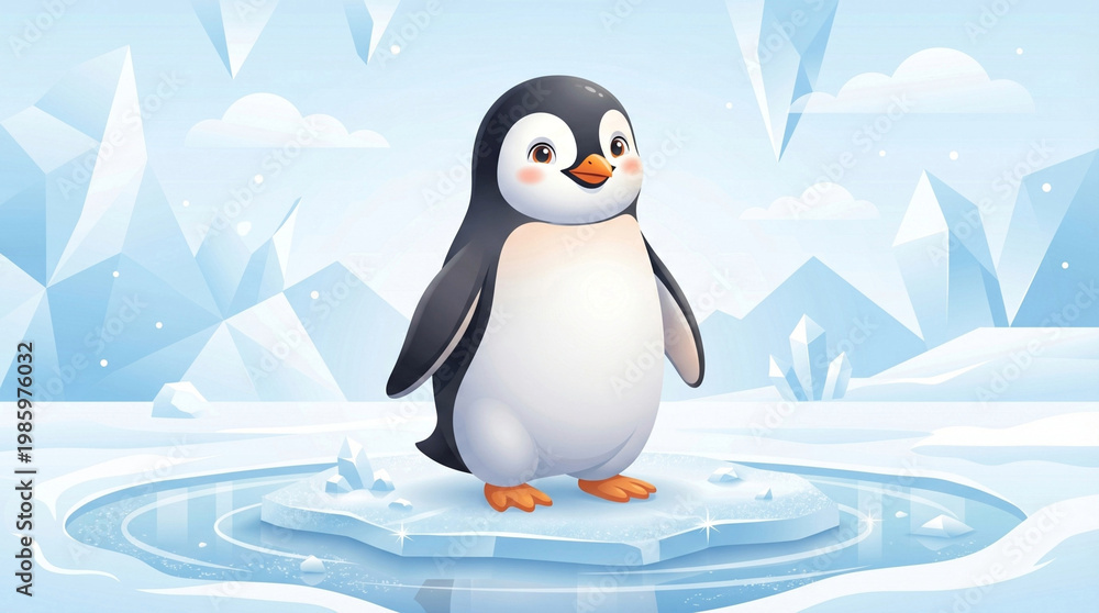 Obraz premium Cute Penguin Standing on Ice Minimal Vector Illustration for Kids Education