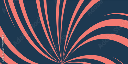 Abstract vector sunburst background with spiral coral rays on dark blue. Retro psychedelic swirl pattern, radial comic burst, or whirlpool motion design.