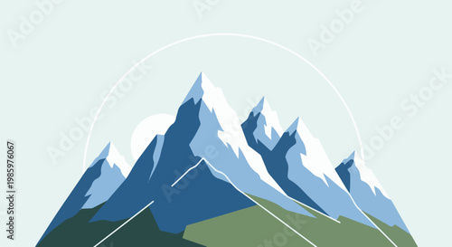 Stylized snow-capped mountains under a minimalist sun and arc