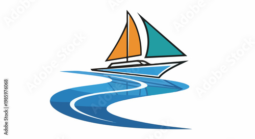 Stylized sailboat with orange and teal sails glides on blue water