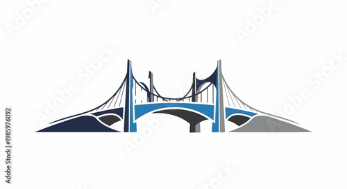 Stylized suspension bridge with blue, dark blue, and gray segments on a white background