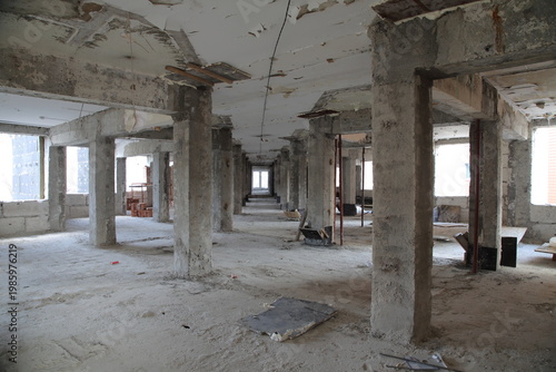 Reconstruction of an old building. The building has been dismantled to its supporting structures.