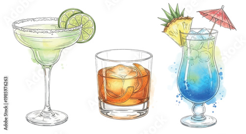 Cocktail illustrations, drink set, margarita, mojito, tropical blue, vector